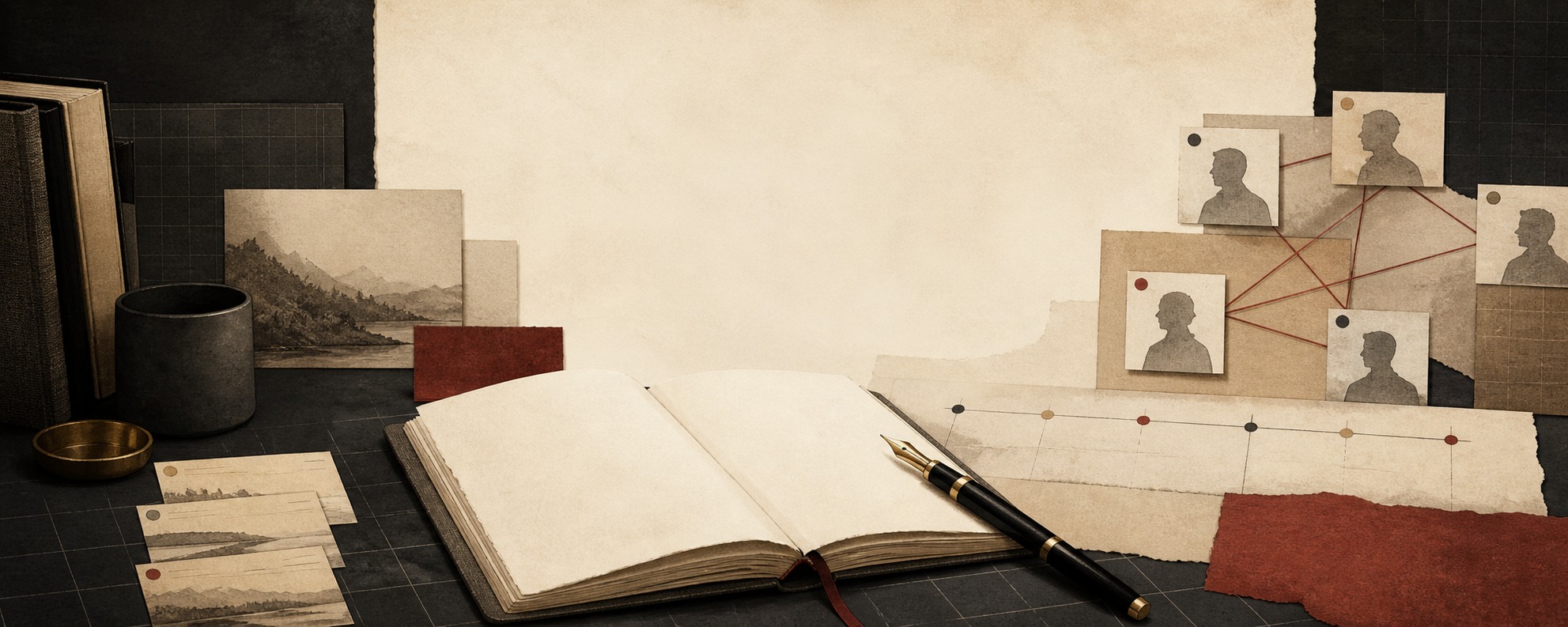 A writing desk with manuscript pages, a pen, character cards, and a timeline